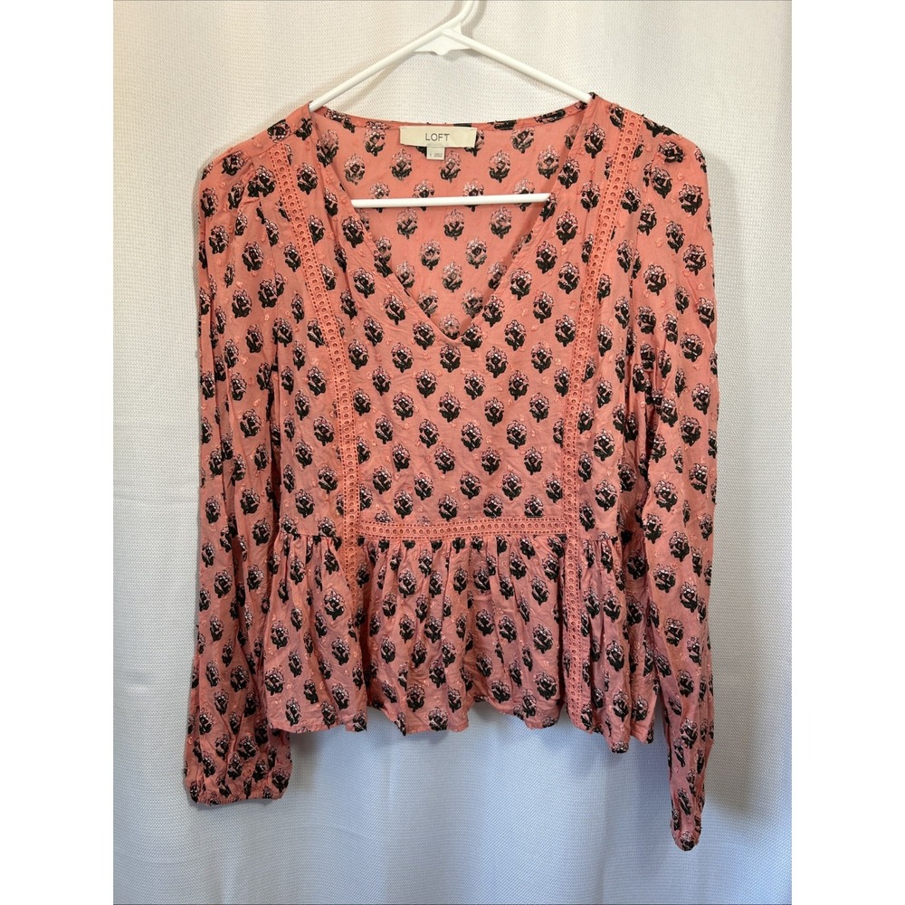 LOFT Pink Floral Peplum‎ Blouse Boho Long Sleeve V Neck Lace Trim Top Small